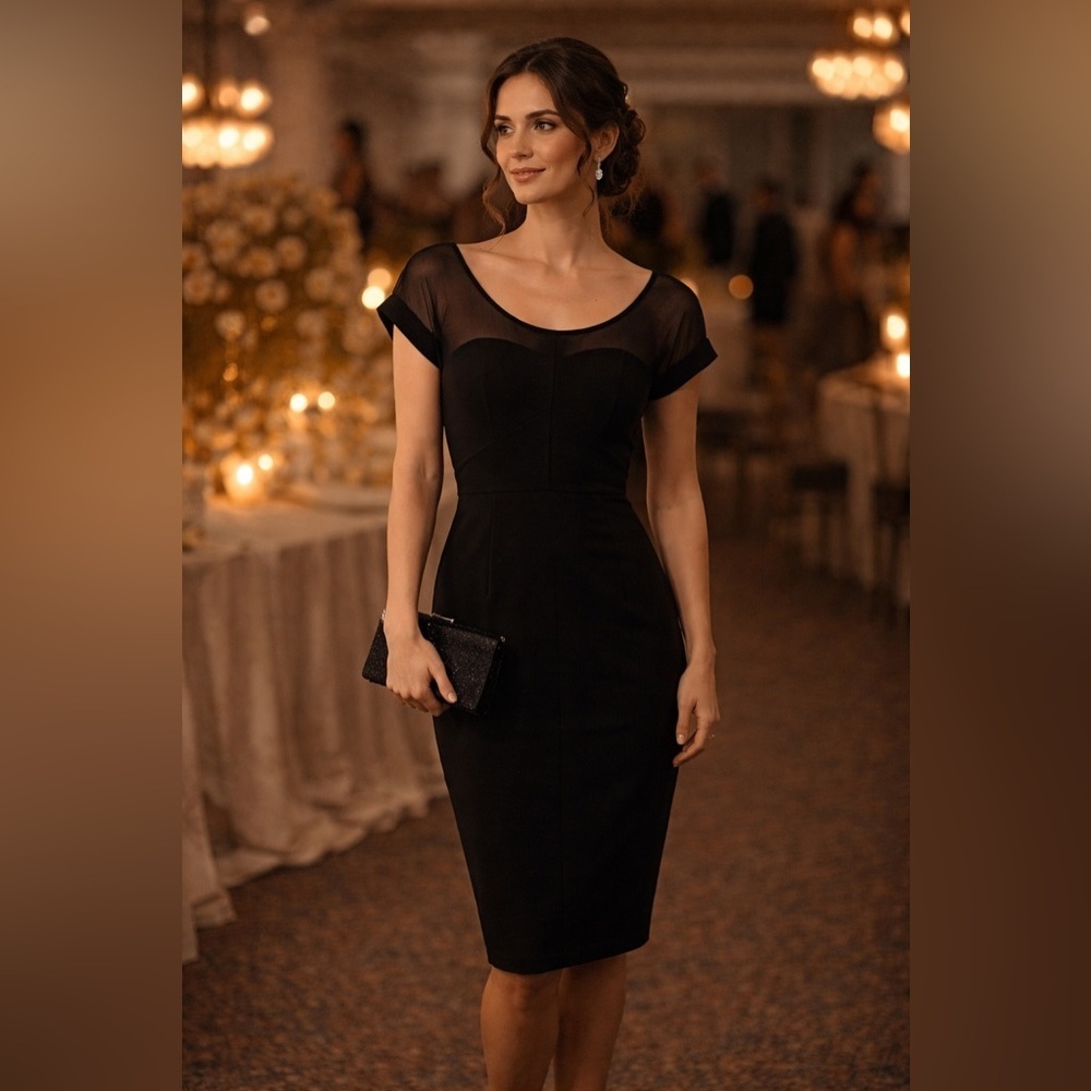 CHETTA B Black Midi Sheath Dress Mesh Yoke Sz 8 Elegant Date Night Wedding EUC